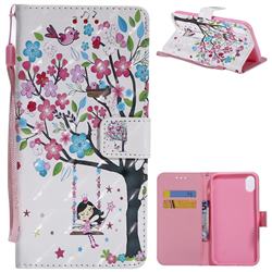 Flower Tree Swing Girl 3D Painted Leather Wallet Case for iPhone Xr (6.1 inch)