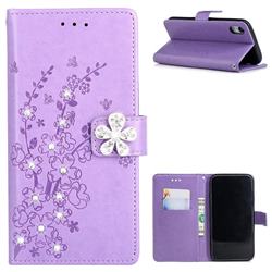 Embossing Plum Blossom Rhinestone Leather Wallet Case for iPhone Xr (6.1 inch) - Purple