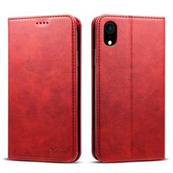 Suteni Simple Style Calf Stripe Leather Wallet Phone Case for iPhone Xr (6.1 inch) - Red
