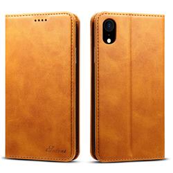 Suteni Simple Style Calf Stripe Leather Wallet Phone Case for iPhone Xr (6.1 inch) - Khaki