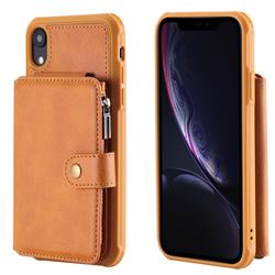 Retro Luxury Multifunction Zipper Leather Phone Back Cover for iPhone Xr (6.1 inch) - Brown