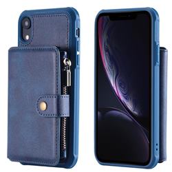 Retro Luxury Multifunction Zipper Leather Phone Back Cover for iPhone Xr (6.1 inch) - Blue
