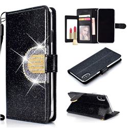Glitter Diamond Buckle Splice Mirror Leather Wallet Phone Case for iPhone Xr (6.1 inch) - Black