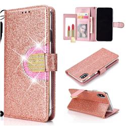Glitter Diamond Buckle Splice Mirror Leather Wallet Phone Case for iPhone Xr (6.1 inch) - Rose Gold