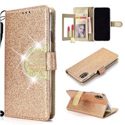 Glitter Diamond Buckle Splice Mirror Leather Wallet Phone Case for iPhone Xr (6.1 inch) - Golden