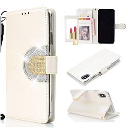 Glitter Diamond Buckle Splice Mirror Leather Wallet Phone Case for iPhone Xr (6.1 inch) - White