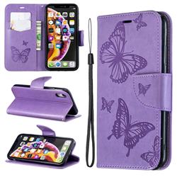 Embossing Double Butterfly Leather Wallet Case for iPhone Xr (6.1 inch) - Purple