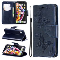 Embossing Double Butterfly Leather Wallet Case for iPhone Xr (6.1 inch) - Dark Blue