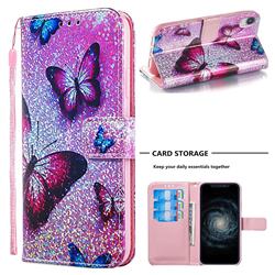 Blue Butterfly Sequins Painted Leather Wallet Case for iPhone Xr (6.1 inch)