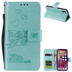 Embossing Owl Couple Flower Leather Wallet Case for iPhone Xr (6.1 inch) - Green