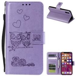 Embossing Owl Couple Flower Leather Wallet Case for iPhone Xr (6.1 inch) - Purple
