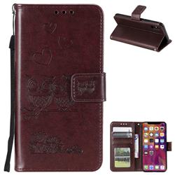 Embossing Owl Couple Flower Leather Wallet Case for iPhone Xr (6.1 inch) - Brown