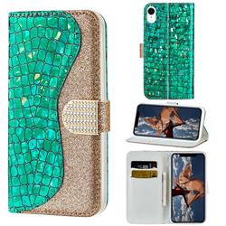 Glitter Diamond Buckle Laser Stitching Leather Wallet Phone Case for iPhone Xr (6.1 inch) - Green