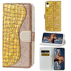 Glitter Diamond Buckle Laser Stitching Leather Wallet Phone Case for iPhone Xr (6.1 inch) - Gold