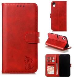 Embossing Happy Cat Leather Wallet Case for iPhone Xr (6.1 inch) - Red