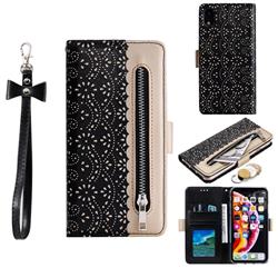 Luxury Lace Zipper Stitching Leather Phone Wallet Case for iPhone Xr (6.1 inch) - Black
