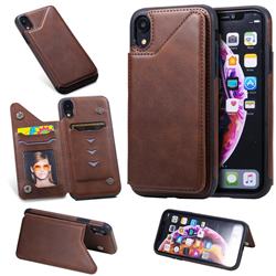 Luxury Multifunction Magnetic Card Slots Stand Calf Leather Phone Back Cover for iPhone Xr (6.1 inch) - Coffee