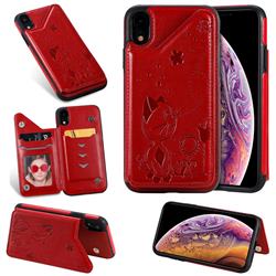 Luxury Bee and Cat Multifunction Magnetic Card Slots Stand Leather Back Cover for iPhone Xr (6.1 inch) - Red