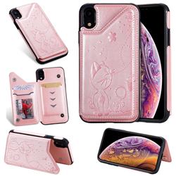 Luxury Bee and Cat Multifunction Magnetic Card Slots Stand Leather Back Cover for iPhone Xr (6.1 inch) - Rose Gold