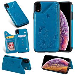 Luxury Bee and Cat Multifunction Magnetic Card Slots Stand Leather Back Cover for iPhone Xr (6.1 inch) - Blue
