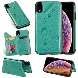 Luxury Bee and Cat Multifunction Magnetic Card Slots Stand Leather Back Cover for iPhone Xr (6.1 inch) - Green