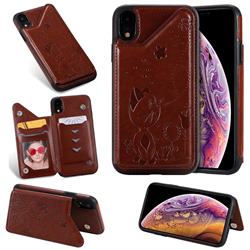 Luxury Bee and Cat Multifunction Magnetic Card Slots Stand Leather Back Cover for iPhone Xr (6.1 inch) - Brown