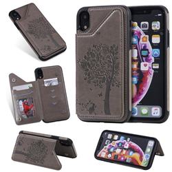 Luxury R61 Tree Cat Magnetic Stand Card Leather Phone Case for iPhone Xr (6.1 inch) - Gray
