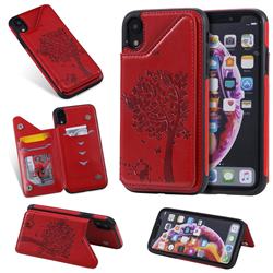 Luxury R61 Tree Cat Magnetic Stand Card Leather Phone Case for iPhone Xr (6.1 inch) - Red