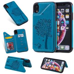 Luxury R61 Tree Cat Magnetic Stand Card Leather Phone Case for iPhone Xr (6.1 inch) - Blue