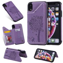 Luxury R61 Tree Cat Magnetic Stand Card Leather Phone Case for iPhone Xr (6.1 inch) - Purple