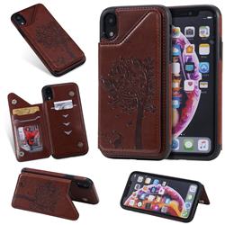 Luxury R61 Tree Cat Magnetic Stand Card Leather Phone Case for iPhone Xr (6.1 inch) - Brown