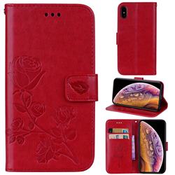 Embossing Rose Flower Leather Wallet Case for iPhone Xr (6.1 inch) - Red