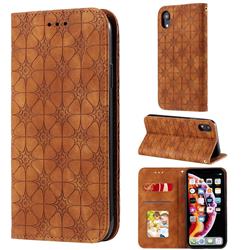 Intricate Embossing Four Leaf Clover Leather Wallet Case for iPhone Xr (6.1 inch) - Yellowish Brown