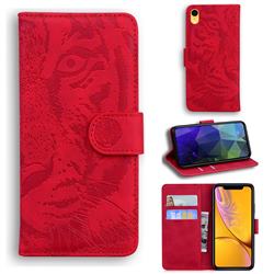 Intricate Embossing Tiger Face Leather Wallet Case for iPhone Xr (6.1 inch) - Red