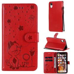 Embossing Bee and Cat Leather Wallet Case for iPhone Xr (6.1 inch) - Red