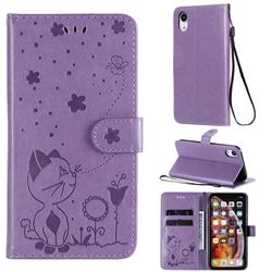 Embossing Bee and Cat Leather Wallet Case for iPhone Xr (6.1 inch) - Purple