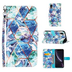 Green and Blue Stitching Color Marble Leather Wallet Case for iPhone Xr (6.1 inch)