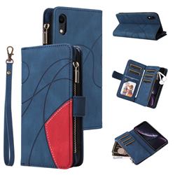 Luxury Two-color Stitching Multi-function Zipper Leather Wallet Case Cover for iPhone Xr (6.1 inch) - Blue