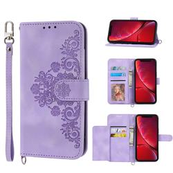 Skin Feel Embossed Lace Flower Multiple Card Slots Leather Wallet Phone Case for iPhone Xr (6.1 inch) - Purple