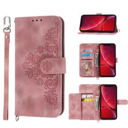 Skin Feel Embossed Lace Flower Multiple Card Slots Leather Wallet Phone Case for iPhone Xr (6.1 inch) - Pink