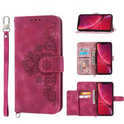 Skin Feel Embossed Lace Flower Multiple Card Slots Leather Wallet Phone Case for iPhone Xr (6.1 inch) - Claret Red
