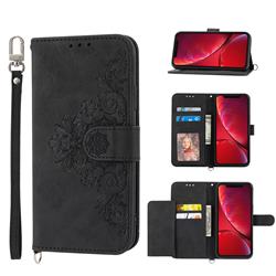 Skin Feel Embossed Lace Flower Multiple Card Slots Leather Wallet Phone Case for iPhone Xr (6.1 inch) - Black