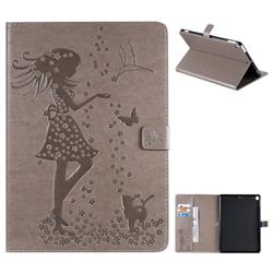 Embossing Flower Girl Cat Leather Flip Cover for Apple iPad 10.2 (2019) - Gray