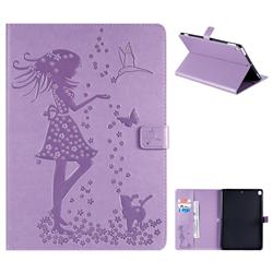 Embossing Flower Girl Cat Leather Flip Cover for Apple iPad 10.2 (2019) - Purple