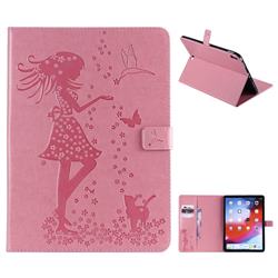Embossing Flower Girl Cat Leather Flip Cover for Apple iPad Pro 11 2018 - Pink