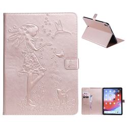 Embossing Flower Girl Cat Leather Flip Cover for Apple iPad Pro 11 2018 - Rose Gold