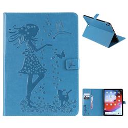 Embossing Flower Girl Cat Leather Flip Cover for Apple iPad Pro 11 2018 - Blue
