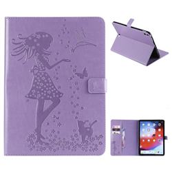 Embossing Flower Girl Cat Leather Flip Cover for Apple iPad Pro 11 2018 - Purple