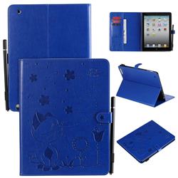 Embossing Bee and Cat Leather Flip Cover for iPad 4 the New iPad iPad2 iPad3 - Blue
