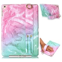 Pink Green Marble Clear Bumper Glossy Rubber Silicone Wrist Band Tablet Stand Holder Cover for iPad Air iPad5